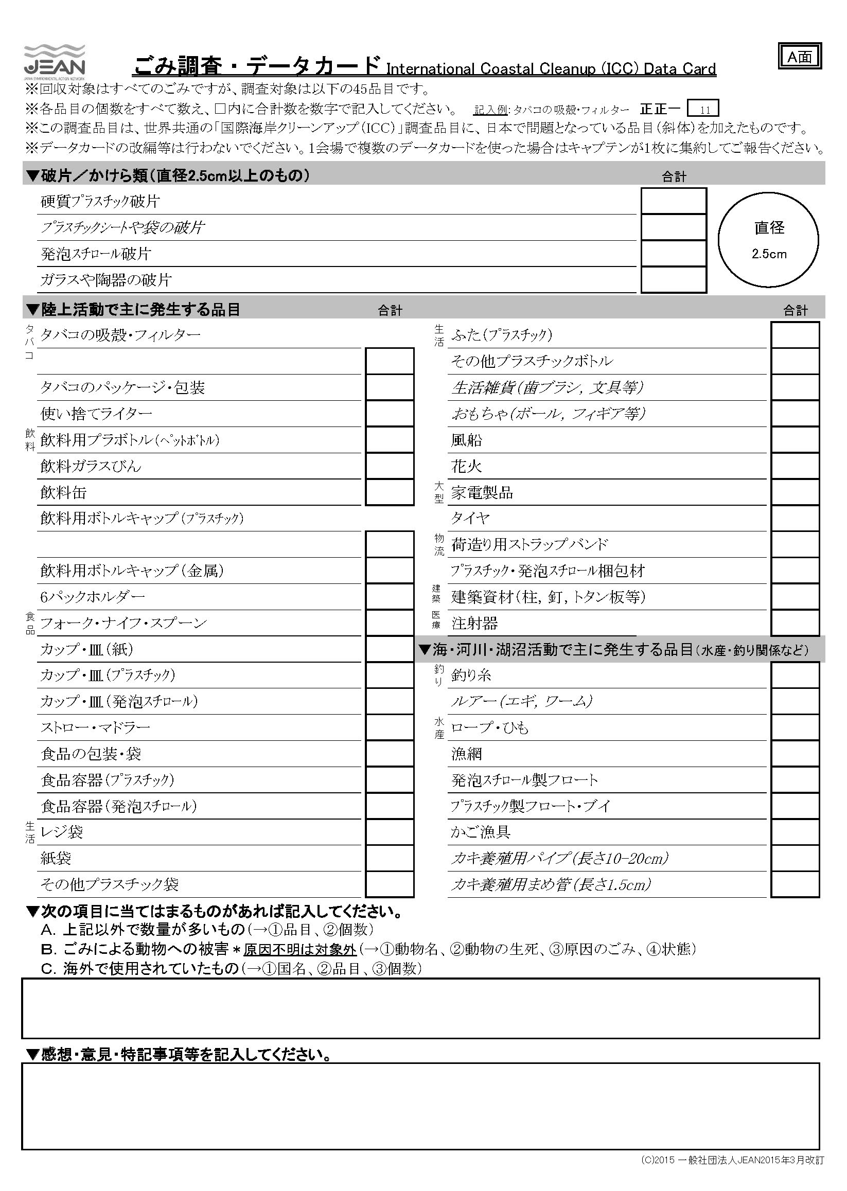 画像：ごみ調査で使用するデータカード2015